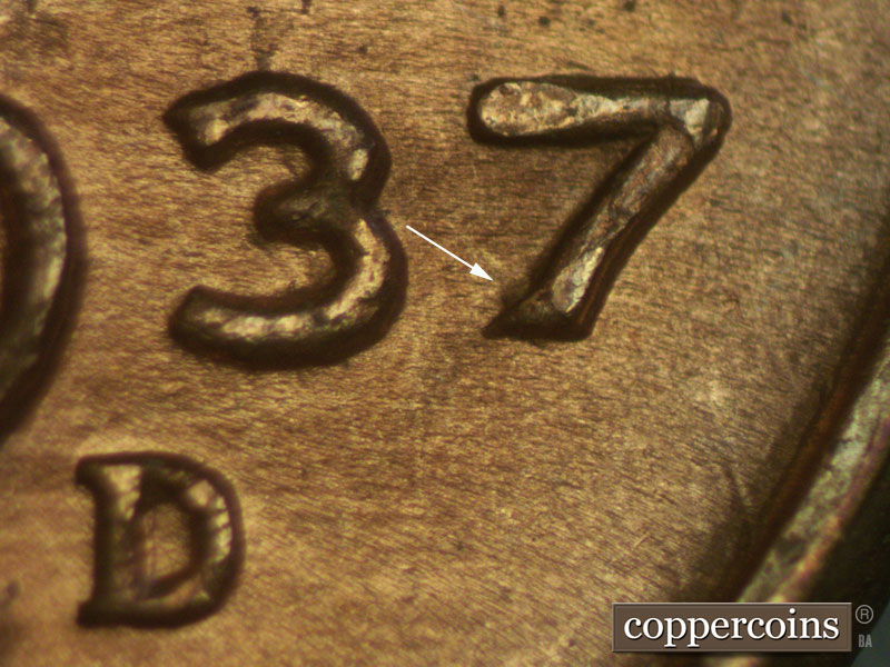 Die-stage B marker on 1937D•1MM•002 (1937 Repunched Mint Mark).