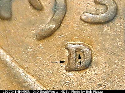 1937 Lincoln cent obverse, CopperCoins die 1937D•1MM•005.