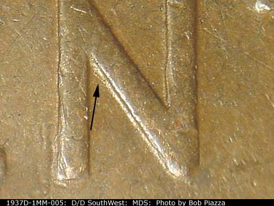 Die-stage B marker on 1937D•1MM•005 (1937 Repunched Mint Mark).