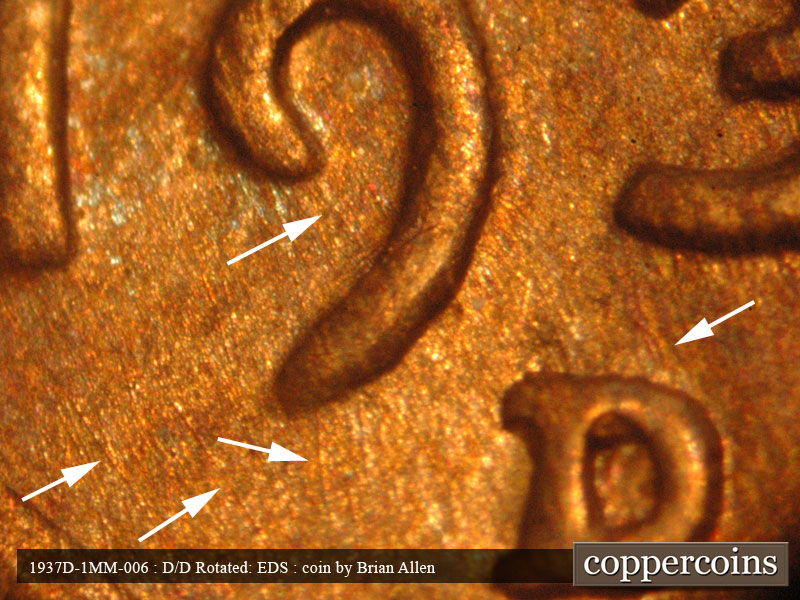 Die-stage A marker on 1937D•1MM•006 (1937 Repunched Mint Mark).