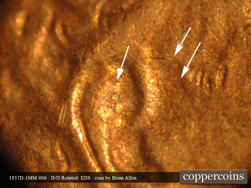Die-stage A marker on 1937D•1MM•006 (1937 Repunched Mint Mark).