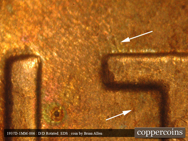 Die-stage A marker on 1937D•1MM•006 (1937 Repunched Mint Mark).