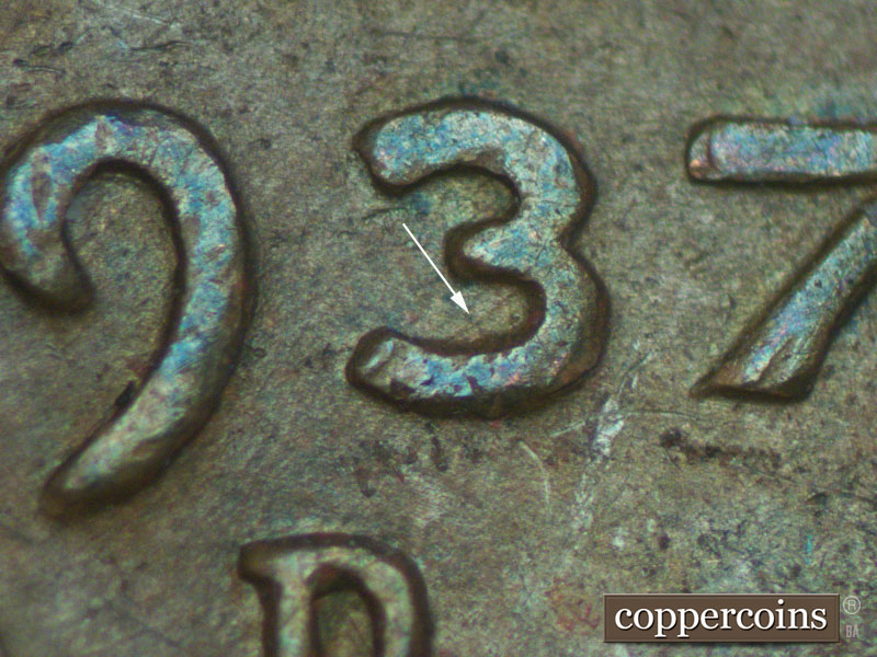 Die-stage A marker on 1937D•1MM•007 (1937 Repunched Mint Mark).