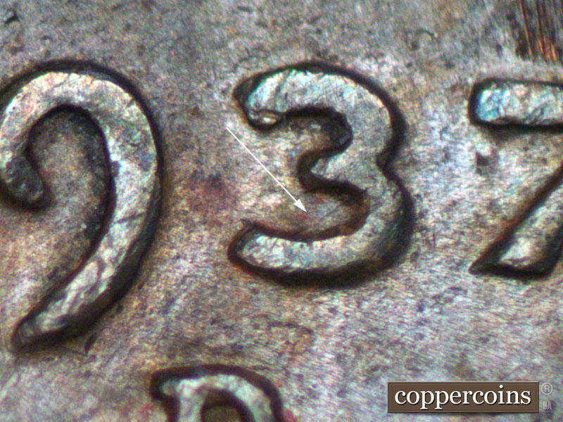 Die-stage B marker on 1937D•1MM•007 (1937 Repunched Mint Mark).