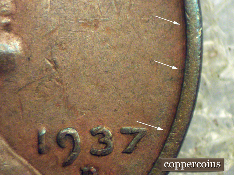 Die-stage B marker on 1937D•1MM•012 (1937 Repunched Mint Mark).