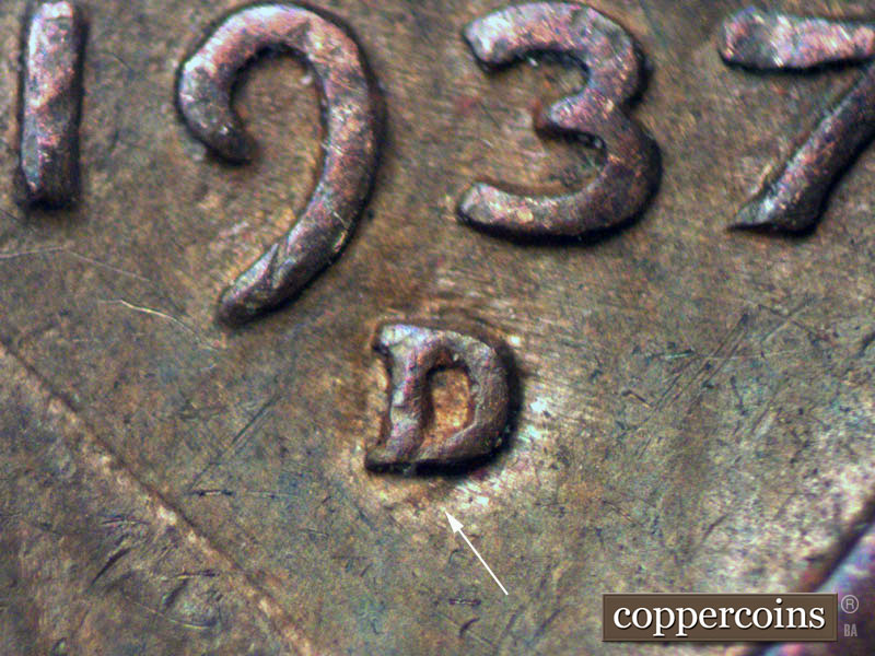 Die-stage C marker on 1937D•1MM•013 (1937 Repunched Mint Mark).