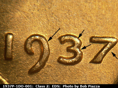 Die-stage A marker on 1937P•1DO•001 (1937 Doubled Die Obverse).