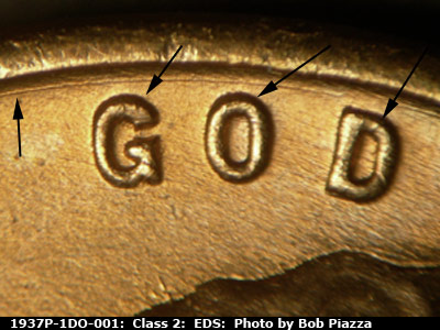 Die-stage A marker on 1937P•1DO•001 (1937 Doubled Die Obverse).