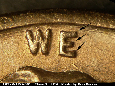 Die-stage A marker on 1937P•1DO•001 (1937 Doubled Die Obverse).