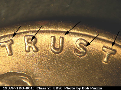 Die-stage A marker on 1937P•1DO•001 (1937 Doubled Die Obverse).