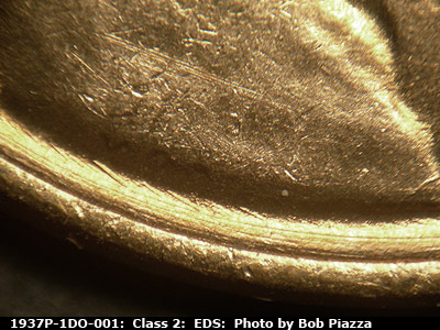 Die-stage A marker on 1937P•1DO•001 (1937 Doubled Die Obverse).