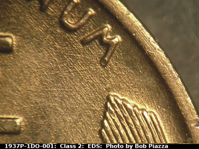 Die-stage A marker on 1937P•1DO•001 (1937 Doubled Die Obverse).