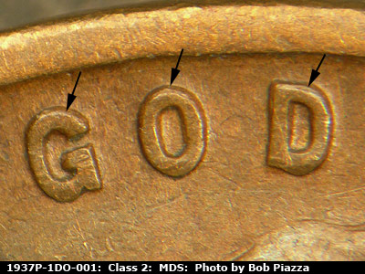 Die-stage B marker on 1937P•1DO•001 (1937 Doubled Die Obverse).