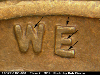 Die-stage B marker on 1937P•1DO•001 (1937 Doubled Die Obverse).