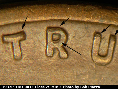 Die-stage B marker on 1937P•1DO•001 (1937 Doubled Die Obverse).