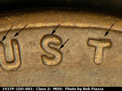 Die-stage B marker on 1937P•1DO•001 (1937 Doubled Die Obverse).