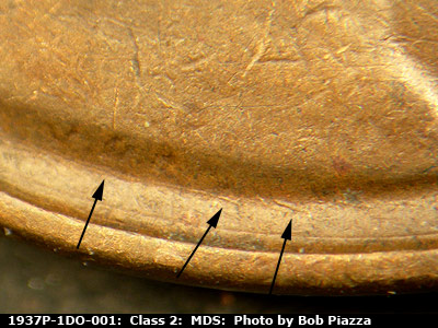 Die-stage B marker on 1937P•1DO•001 (1937 Doubled Die Obverse).
