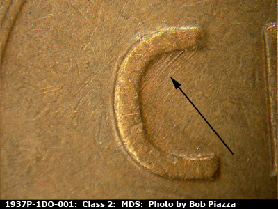 Die-stage B marker on 1937P•1DO•001 (1937 Doubled Die Obverse).