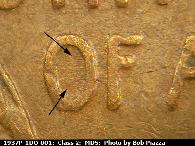 Die-stage B marker on 1937P•1DO•001 (1937 Doubled Die Obverse).