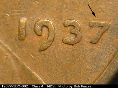 Die-stage B marker on 1937P•1DO•002 (1937 Doubled Die Obverse).