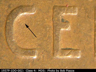 Die-stage B marker on 1937P•1DO•002 (1937 Doubled Die Obverse).
