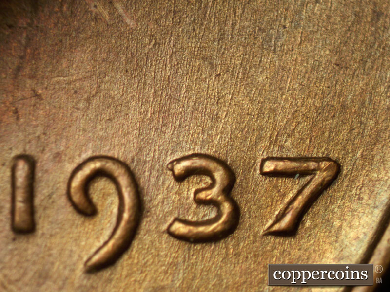 Die-stage B marker on 1937P•1DO•003 (1937 Doubled Die Obverse).