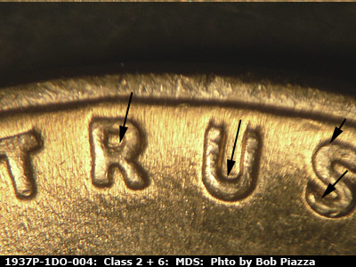 Die-stage B marker on 1937P•1DO•004 (1937 Doubled Die Obverse).