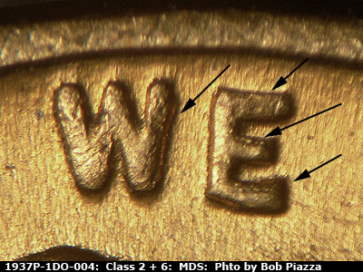 Die-stage B marker on 1937P•1DO•004 (1937 Doubled Die Obverse).