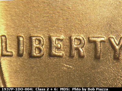 Die-stage B marker on 1937P•1DO•004 (1937 Doubled Die Obverse).