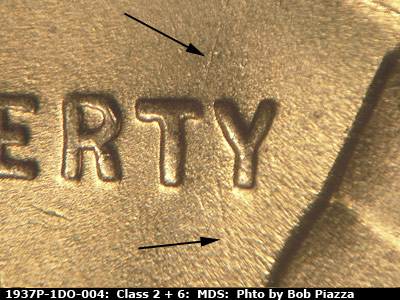 Die-stage B marker on 1937P•1DO•004 (1937 Doubled Die Obverse).