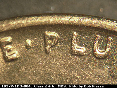 Die-stage B marker on 1937P•1DO•004 (1937 Doubled Die Obverse).