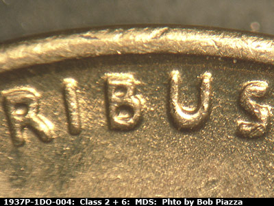 Die-stage B marker on 1937P•1DO•004 (1937 Doubled Die Obverse).