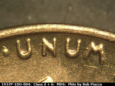 Die-stage B marker on 1937P•1DO•004 (1937 Doubled Die Obverse).