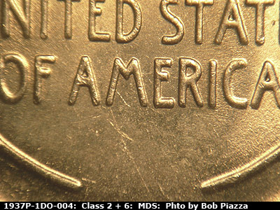 Die-stage B marker on 1937P•1DO•004 (1937 Doubled Die Obverse).