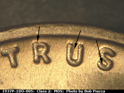 Die-stage B marker on 1937P•1DO•005 (1937 Doubled Die Obverse).