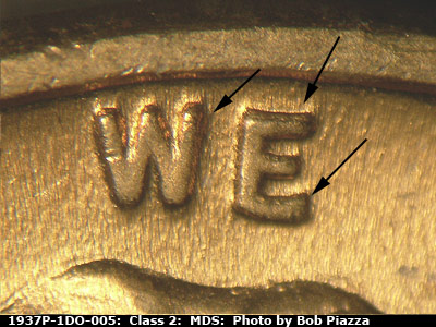 Die-stage B marker on 1937P•1DO•005 (1937 Doubled Die Obverse).
