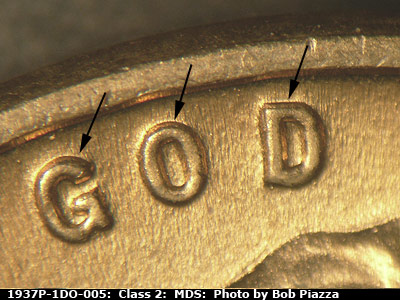 Die-stage B marker on 1937P•1DO•005 (1937 Doubled Die Obverse).