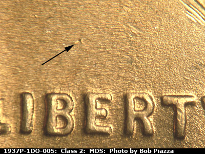 Die-stage B marker on 1937P•1DO•005 (1937 Doubled Die Obverse).
