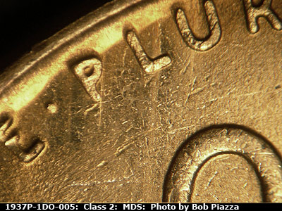 Die-stage B marker on 1937P•1DO•005 (1937 Doubled Die Obverse).