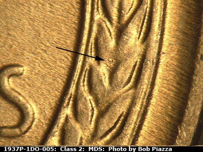 Die-stage B marker on 1937P•1DO•005 (1937 Doubled Die Obverse).