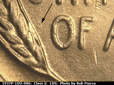 Die-stage C marker on 1937P•1DO•006 (1937 Doubled Die Obverse).