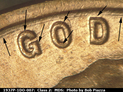 Die-stage B marker on 1937P•1DO•007 (1937 Doubled Die Obverse).