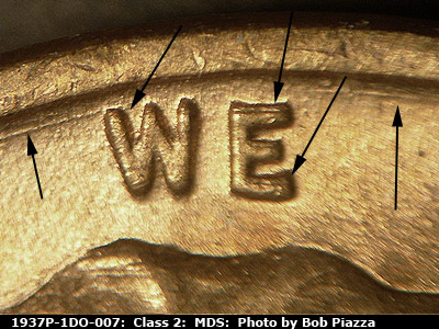 Die-stage B marker on 1937P•1DO•007 (1937 Doubled Die Obverse).
