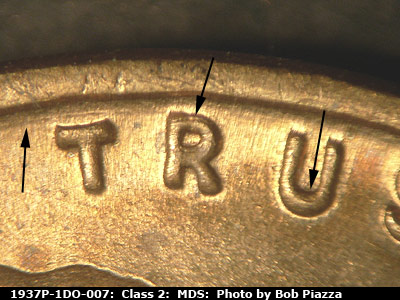 Die-stage B marker on 1937P•1DO•007 (1937 Doubled Die Obverse).