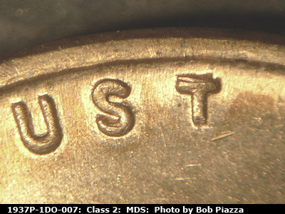 Die-stage B marker on 1937P•1DO•007 (1937 Doubled Die Obverse).