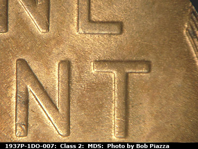Die-stage B marker on 1937P•1DO•007 (1937 Doubled Die Obverse).