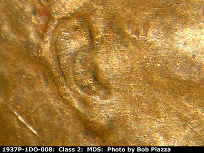 Die-stage B marker on 1937P•1DO•008 (1937 Doubled Die Obverse).