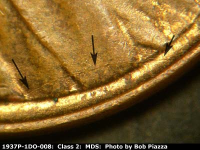 Die-stage B marker on 1937P•1DO•008 (1937 Doubled Die Obverse).