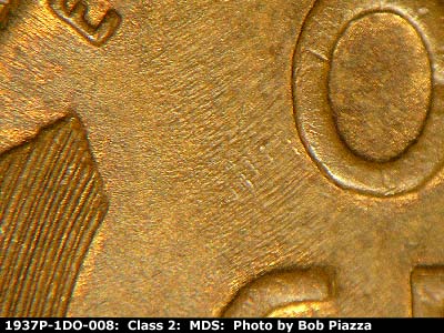 Die-stage B marker on 1937P•1DO•008 (1937 Doubled Die Obverse).
