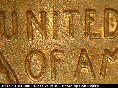 Die-stage B marker on 1937P•1DO•008 (1937 Doubled Die Obverse).